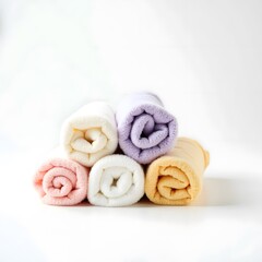 Soft rolled towels in pastel colors on white background