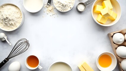 Baking ingredients arranged in a circle border on a white surface