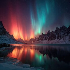 Majestic aurora borealis over icy fjord