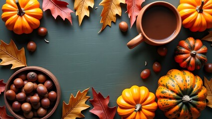Cozy autumn scene with pumpkins and hot drink