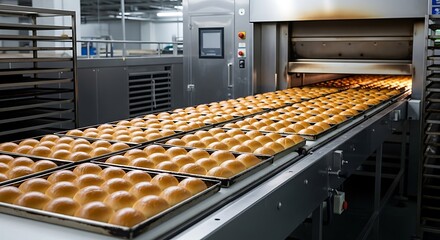 Freshly baked buns on a conveyor belt exiting a large industrial oven in a bakery