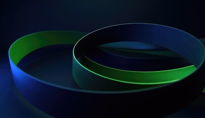 Intertwined rings of dark blue and lime green, smooth, reflective surfaces