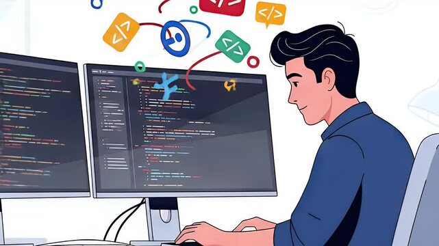 Cartoon male programmer coding at dual monitors, flat tech workplace scene