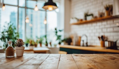 Blurred kitchen, wooden table, plants