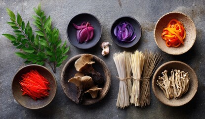 Colorful Asian ingredients arranged on a stone surface
