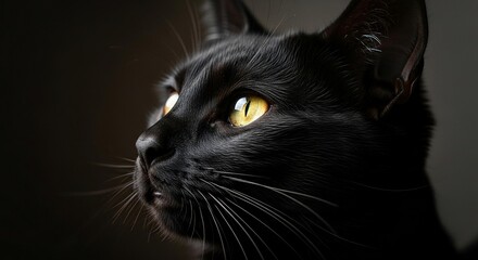 Photo of a sleek black cat with striking yellow eyes gazes intently into the distance in a dark setting