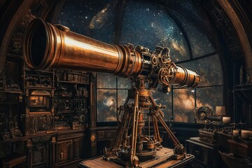 A steampunk telescope with brass fittings, rotating gears, and glowing runes, mounted on a wooden tripod, pointed towards a starry sky,