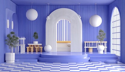 Vibrant purple and white room with arched doorway, podium, and decor