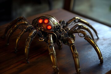 A detailed steampunk mechanical spider with brass legs, glowing red eyes, and exposed gears moving over a vintage book,  created by ai