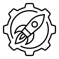 Rocket inside a cog icon, symbolizing productivity, acceleration, and innovative growth. Represents motivation, performance boost, and rapid progress toward goals.