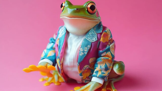 Cute and whimsical frog figurine wearing a multicolored jacket with floral patterns. A fun conversation starter or quirky decoration.
