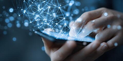 Close-up of hands holding a smartphone with a network graphic overlay