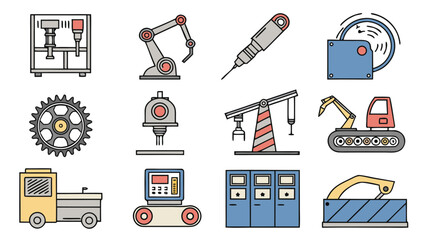 Industrial Machine Icon Set – Vector Line Icons of Factory Equipment and Heavy Machinery