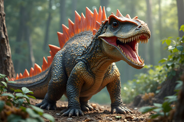 Roaring Dinosaur Figure in Forest Setting with Spikes