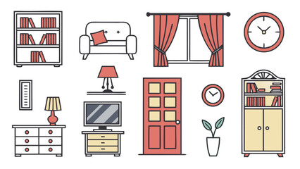 Interior Design Icon Set – Vector Line Icons of Furniture, Decor, and Home Styling Elements