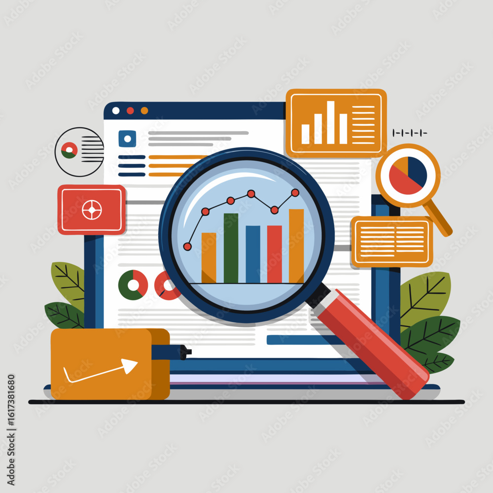 Poster illustration of a laptop screen displaying data analysis with magnifying glass.