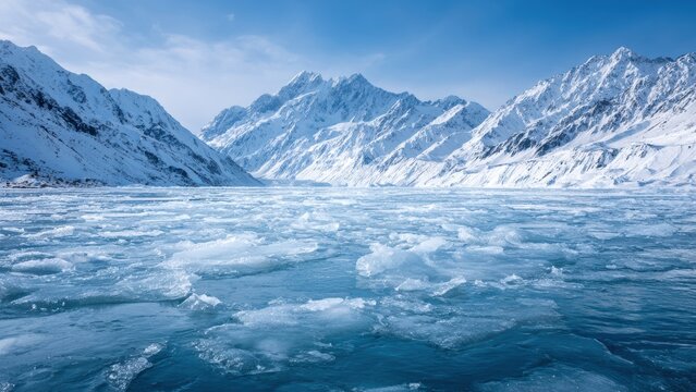 Majestic mountains rise above serene icy waters with glaciers and icebergs in distance creating breathtaking winter landscape
