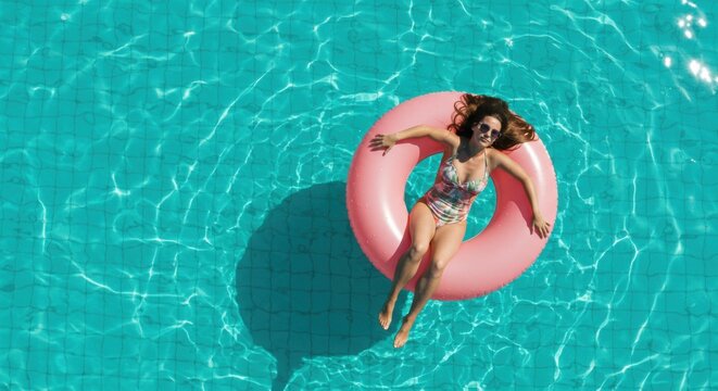 Aerial top-down view of a woman relaxing on a pink inflatable ring in a turquoise swimming pool.