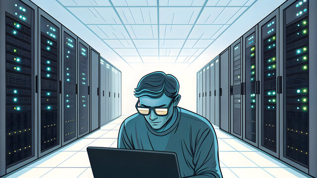 Focused technician diligently works on laptop amidst glowing server racks in modern data center