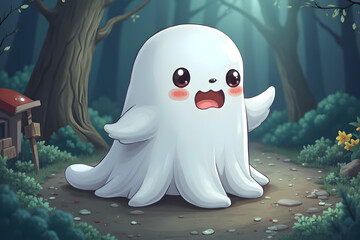 Cartoon Ghost Walking in Forest with Happy Expression