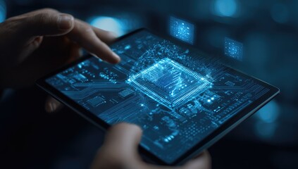 Hands holding a tablet displaying a digital circuit board with a central chip
