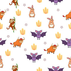 Naklejka premium Cute wild animals seamless pattern for baby shower decor, nursery print, kindergarteen wallpaper, fabric, and textile. Vector illustration