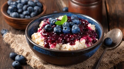 Bowl of Oatmeal Topped with Blueberries and Berry Compote