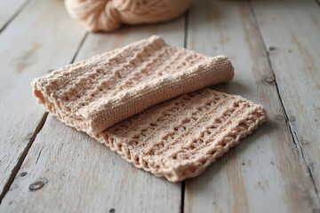 Handmade Knitted Dishcloth on Wood Tabletop with Yarn