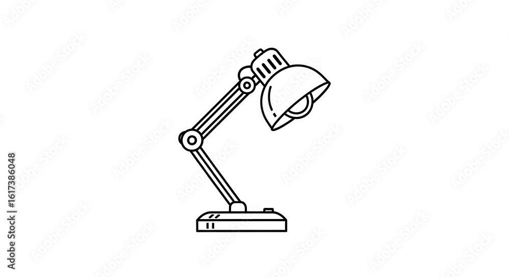 Poster a simple line drawing of a desk lamp with an adjustable arm and a rounded lampshade on a white backg