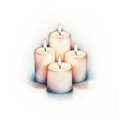 Colored pencil sketch illustration of four burning candles isolated on a white background