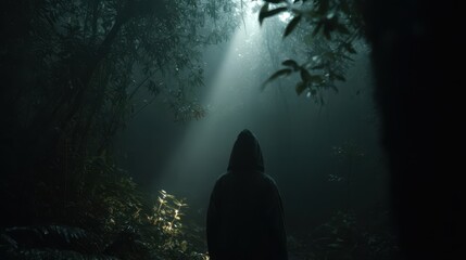 Hooded figure standing in a misty forest with sunlight filtering through the trees