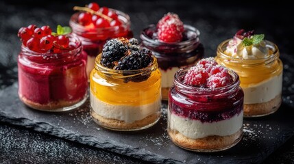 Assorted Cheesecakes in Jars Topped with Fresh Berries and Fruits