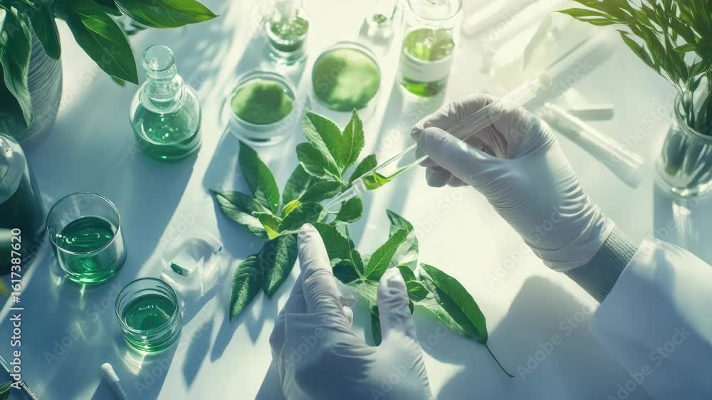 Poster a scientist working in a laboratory, using microscope to study the structure of plant leaves.