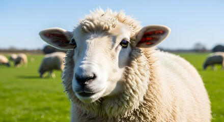 Obraz premium Curious sheep with gentle eyes gazes into camera on sunny green pasture