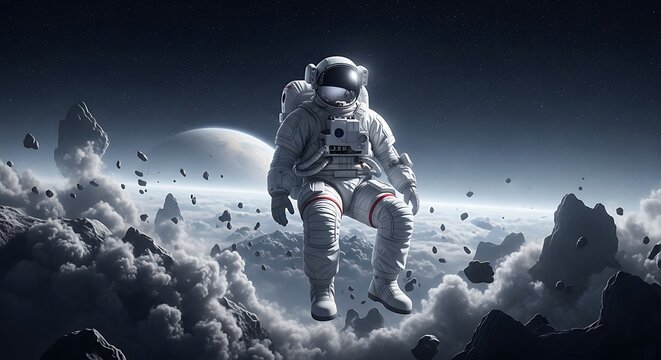 Photo of an astronaut is floating in space among clouds and celestial bodies