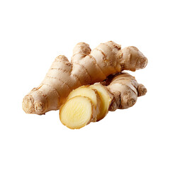 Freshly sliced and whole raw ginger root with its distinctive textured skin isolated on transparent background