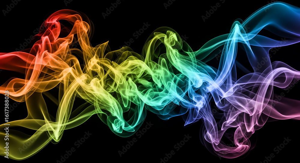 Poster a vibrant display of colorful smoke swirling against a stark black background in a mesmerizing patte