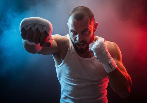 Muscular man in tank top with fists wrapped in boxing bandages striking against dark background with red and blue smoke - Powered by Adobe