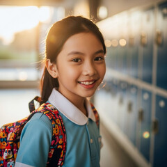 Young Asian girl with backpack smiling in school hallway