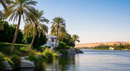 Obraz premium Scenic view of a riverbank with palm trees, lush vegetation, and a white house. Desert landscape visible in the distance under a clear blue sky.