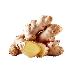 Freshly cut ginger root with slices showing vibrant yellow interior isolated on transparent background
