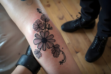 Floral Design Tattoo on Arm with Black Ink and Delicate Details