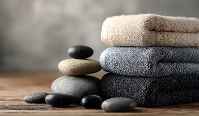 Stacked clean smooth towels with hot stone massage rocks on wooden table against grey background, ideal for spa wellness relaxation and advertising