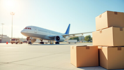 a stack of cardboard boxes on the background of a cargo plane