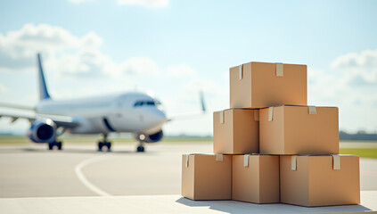 a stack of cardboard boxes on the background of a cargo plane