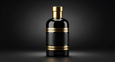 Naklejka premium Photo of elegant black and gold bottle of liquor on a dark background
