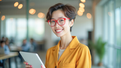 a bright female manager with a tablet in her hands in the office