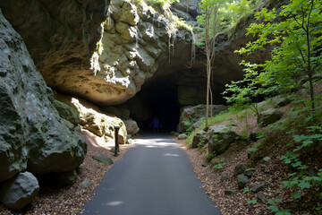 Walking Toward a Cave Entrance Through Rocky Landscape and Greenery