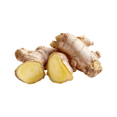 Close up of fresh ginger root with one piece cut in half revealing its yellow flesh and fibrous texture isolated on transparent background
