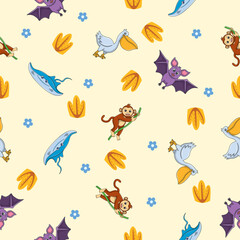 Cute wild animals seamless pattern for baby shower decor, nursery print, kindergarteen wallpaper, fabric, and textile. Vector illustration